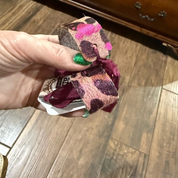 NEW-Pink and Brown Leopard Hair on Hide Print Bracelet with Rhinestone Detail - Picture 4 of 5